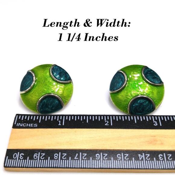 Vintage Enamel Earrings, Blue Lime Green Large Round Clips, 1 1/4 Inches - Picture 6 of 9
